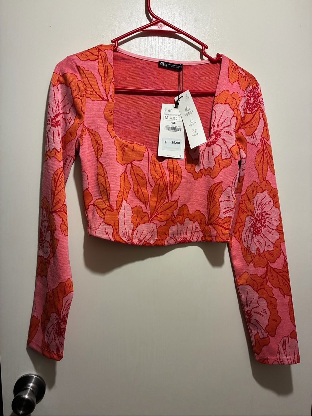 Zara Pink & Orange Floral Long-Sleeve Cropped Sweater
